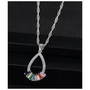 Multi color baguette pendant necklace - silver - CZs - 18"